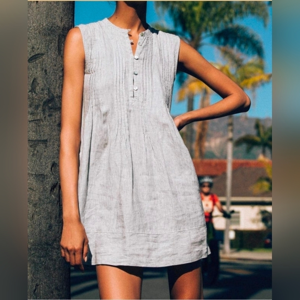 FAHERTY Isha Basketweave Dress | Blue Mini Stripe S linen